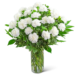 White carnations in a clear glass vase with green foliage