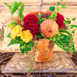 Mixed bouquet in a terracotta pot with yellow roses and red blooms