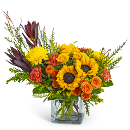 Sunflowers and orange roses in a clear glass vase
