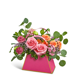 Pink and orange rose bouquet in a bright pink box