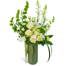 White roses and green snapdragons in a tall vase