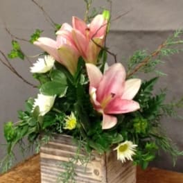 rustic wooden box with lilies