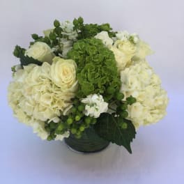 White roses and hydrangeas arranged in a glass vase with green accents