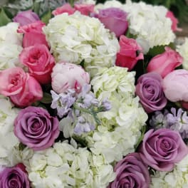 Bouquet of pink and lavender roses with white hydrangeas