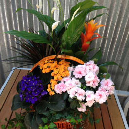 Basket arrangement with pink and purple flowers and tall tropical blooms