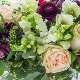 Bouquet of peach, white, and deep purple flowers