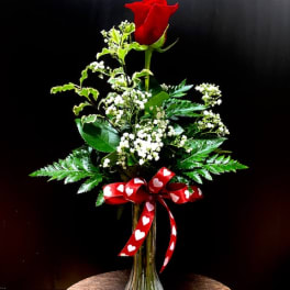Single red rose in a glass vase with baby's breath and a heart ribbon