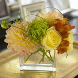 Mixed flowers in a clear square glass vase