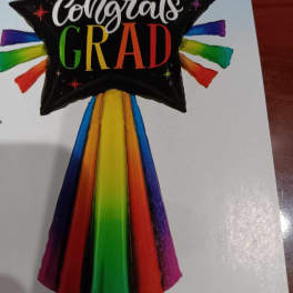Rainbow graduation balloon with "Congrats Grad" text