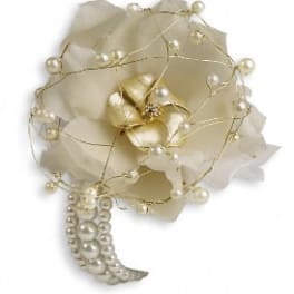 Cream floral corsage with pearl accents and gold wire