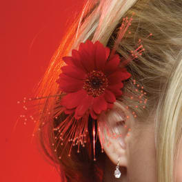 Red flower hair accessory in blonde hair