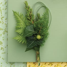 Green boutonniere with mixed foliage and a small berry on a pale green card