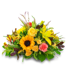 Bouquet of yellow and orange flowers with a sunflower and lilies