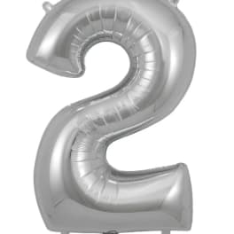 Silver foil balloon shaped like the number 2