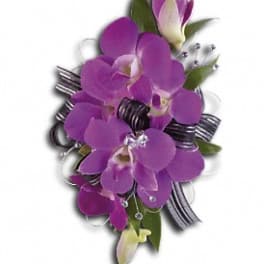 Purple orchid corsage with ribbon and silver accents