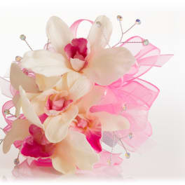 Pink and white orchid corsage with ribbon and crystal accents