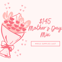 Pink illustrated bouquet graphic with "Mother's Day Mix" text