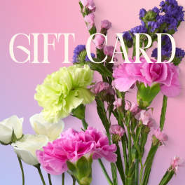Floral-themed gift card design with pink, white, and green flowers on a pastel gradient background