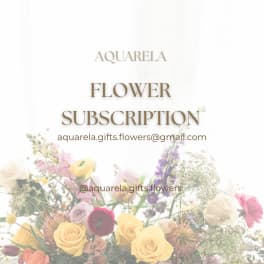 Promotional graphic for Aquarela flower subscription with pastel bouquets along the bottom