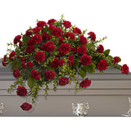 Red carnation spray arranged on a casket