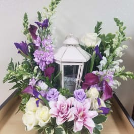 Lavender & White Flowers around Lantern