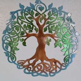 Decorative metal tree wall art with blue and green leaves