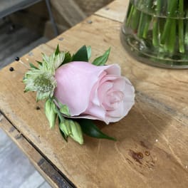 Single pale pink rose boutonniere with small white accent flowers