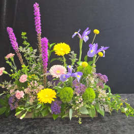 Low rectangular arrangement with yellow gerbera daisies, purple irises, pink carnations, and magenta flower spikes