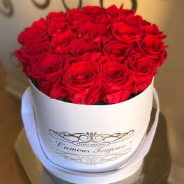 Round white box filled with tightly packed red roses