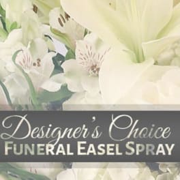 White funeral easel spray with lilies and alstroemeria