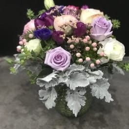 Bouquet of purple, pink, and white roses with silver foliage in a vase