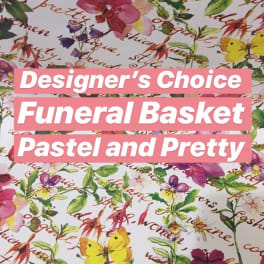 Pastel floral funeral basket design with butterflies and cursive text