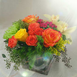 Colorful bouquet of roses and orchids in a square glass vase