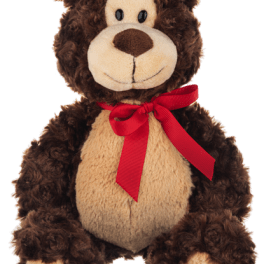 Brown plush teddy bear with a red ribbon bow