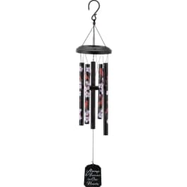 Black memorial wind chime with floral tubes and a hanging plaque