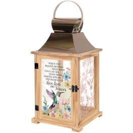 Wooden memorial lantern with a hummingbird and floral print panel