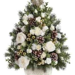 Christmas tree-shaped floral arrangement in a decorative pot