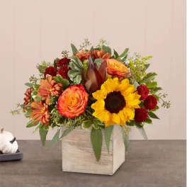 Mixed bouquet with sunflowers, roses, and mums in a white wooden box