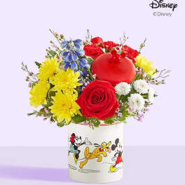 Colorful bouquet in a Disney Mickey and Minnie container