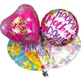 Cluster of Mother's Day balloons with floral prints and messages