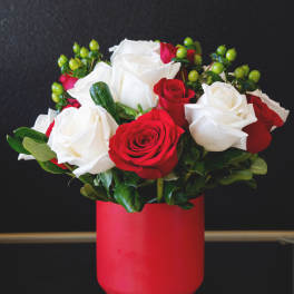 Red and white roses arranged in a red vase