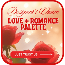 Graphic with red roses and the text "Love + Romance Palette"