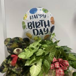 Potted plant basket with a birthday balloon and teddy bear