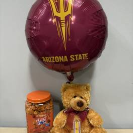 Maroon Arizona State balloon with a teddy bear and a jar of Chex Mix