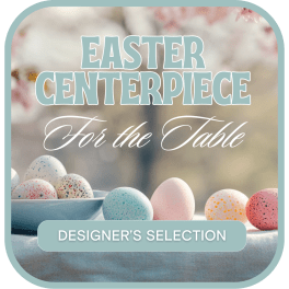 Easter centerpiece graphic with pastel speckled eggs and text
