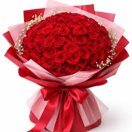 Large bouquet of red roses wrapped in pink and red paper with a ribbon
