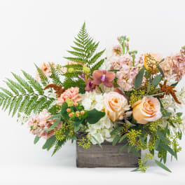Peach roses and pink blooms in a wooden box with fern foliage