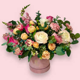 Pink and cream rose bouquet in a round blush box