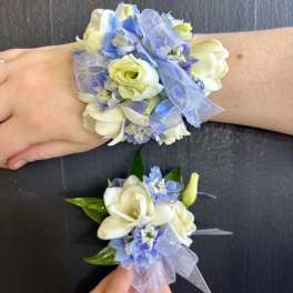 Blue and White Corsage/ Boutonniere Set