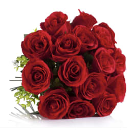 Bouquet of red roses with small white filler flowers